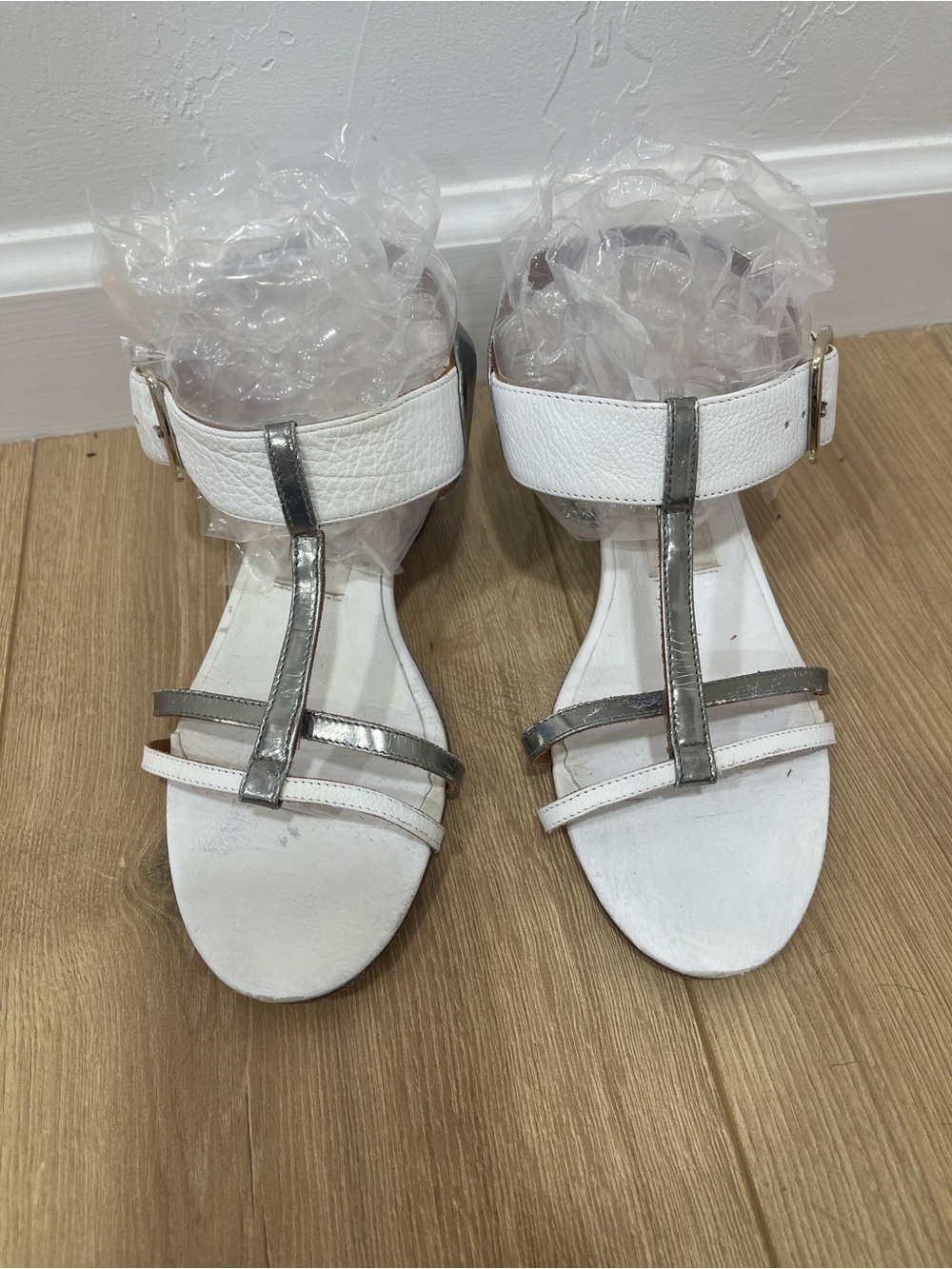 Lanvin Classy White and Silver T-Strap Block Heel Sandals